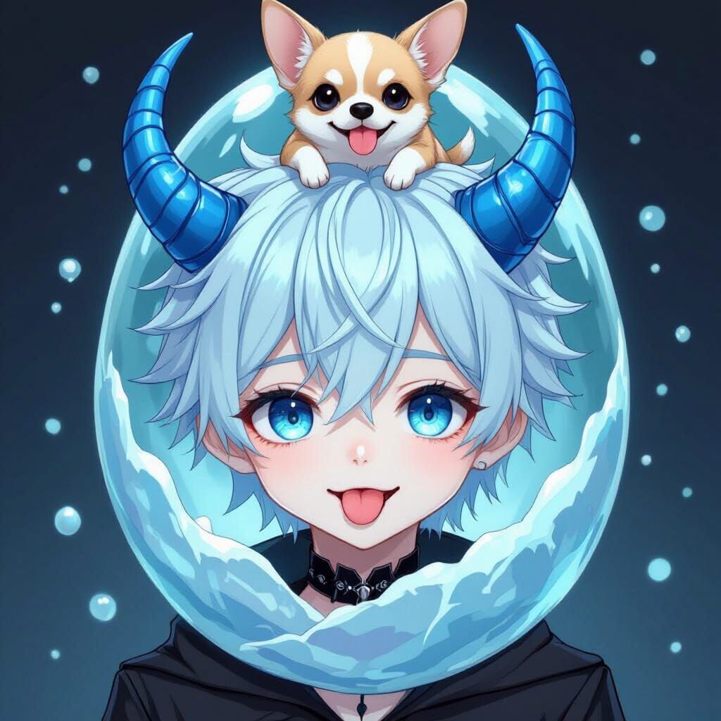 Anime Boy in Frozen Egg, Whimsical Digital Art