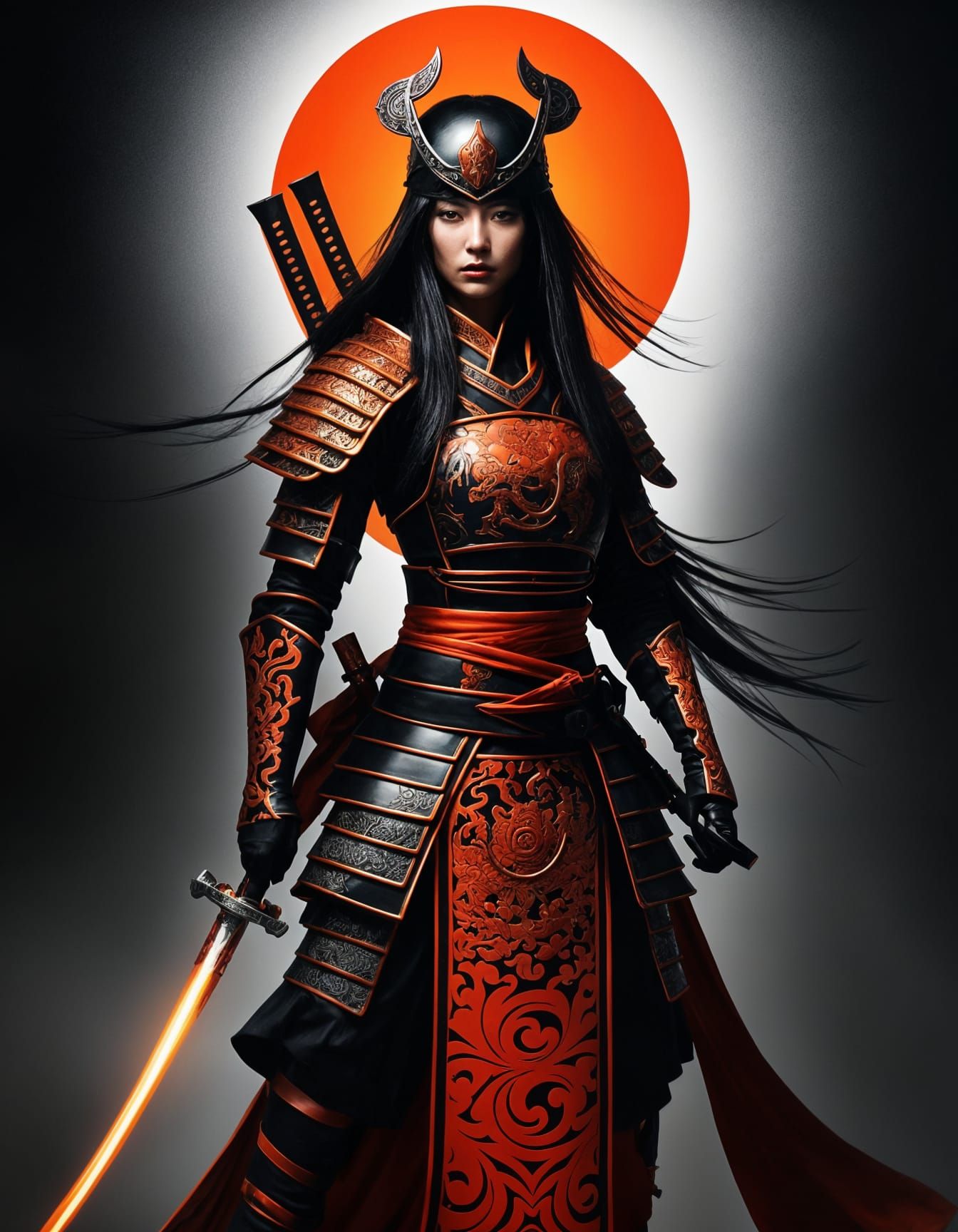 Radiant Silhouette of Samurai Woman in Armor
