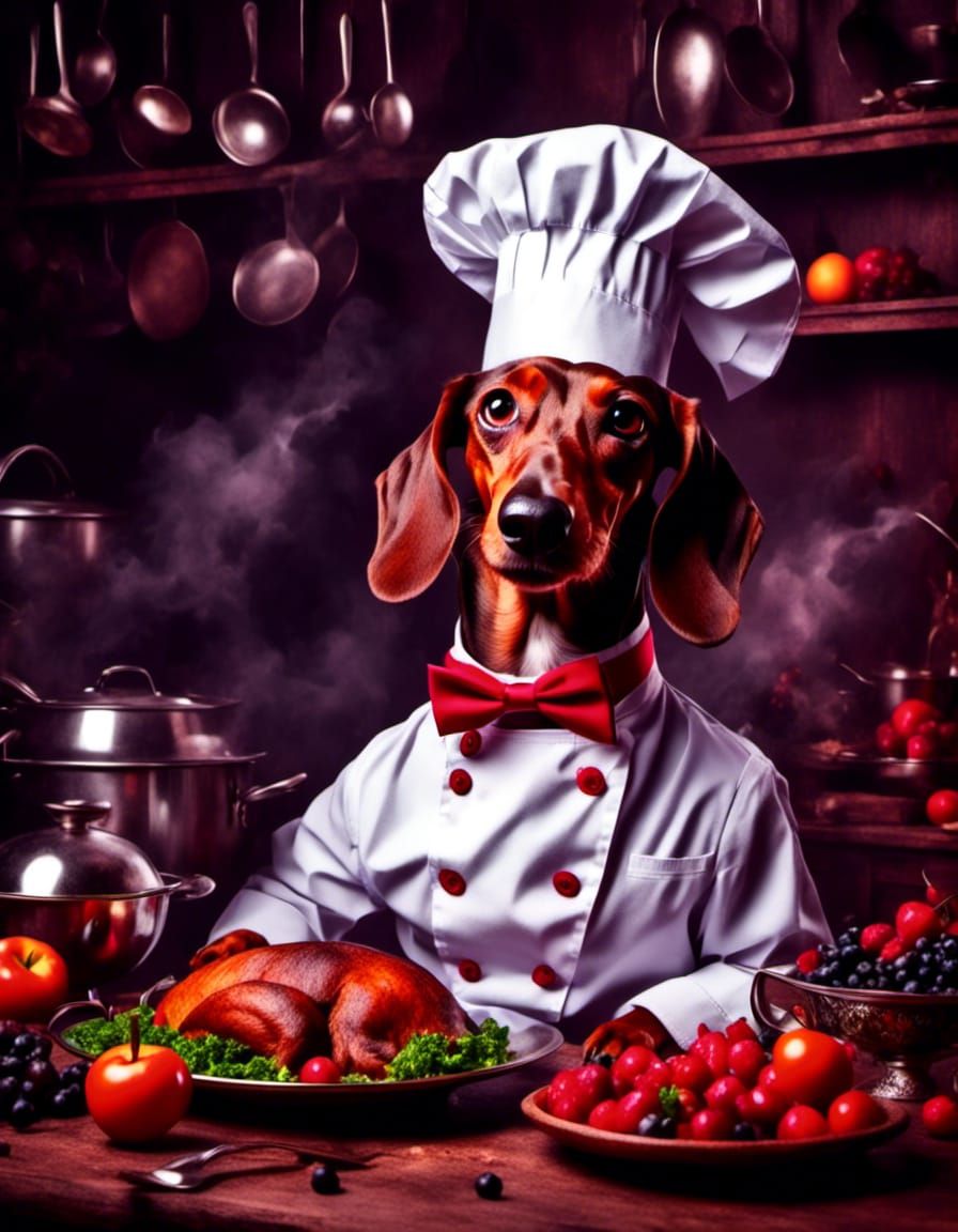 Annoyed Dachshund Chef in Chaotic Kitchen
