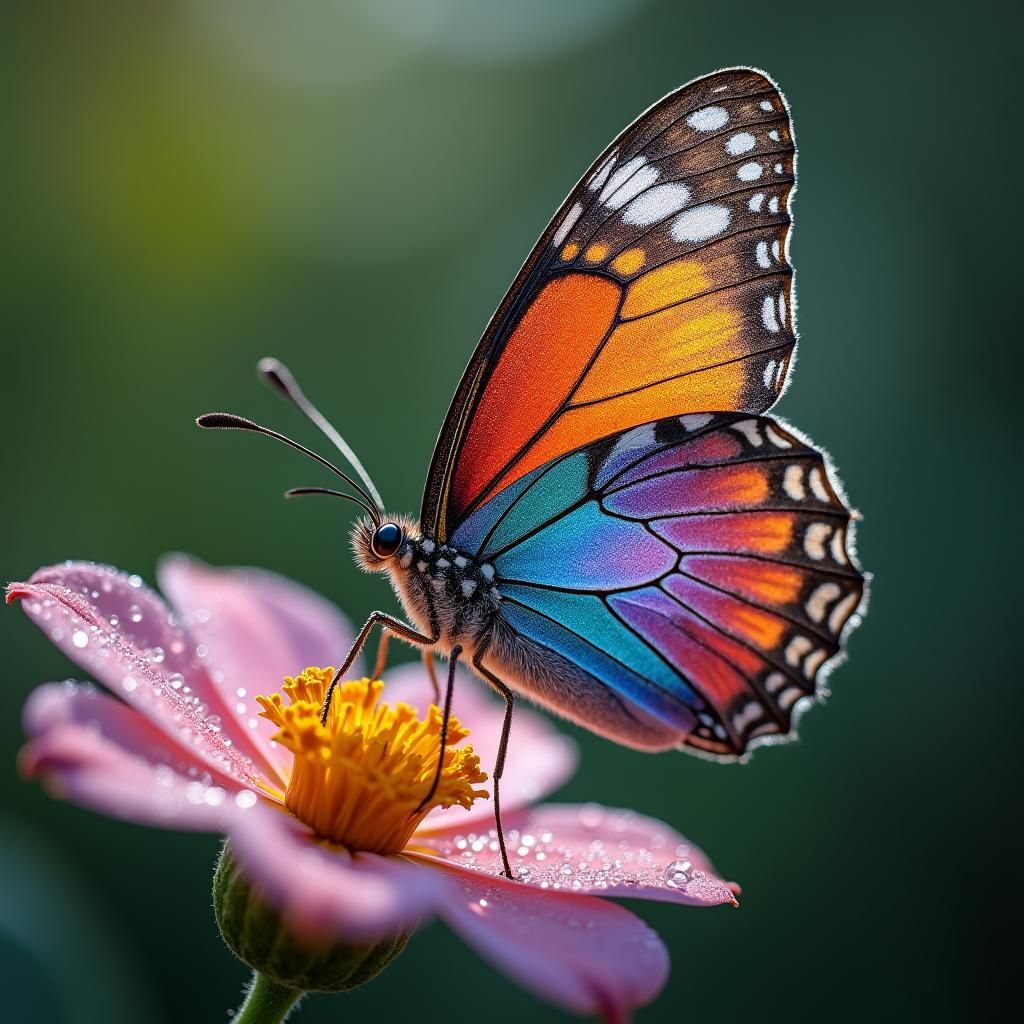 Iridescent Butterfly Macro Photography with Morning Dew