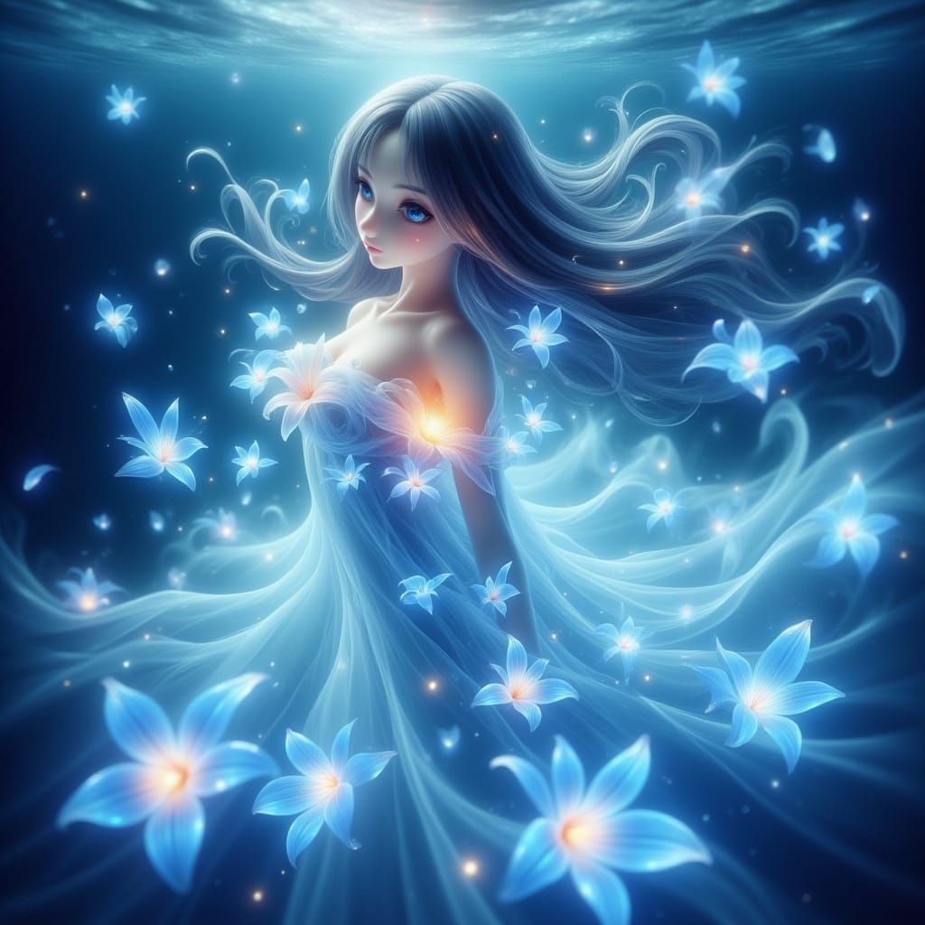 Anime Girl in Luminous Water with Glowing Blue Flowers