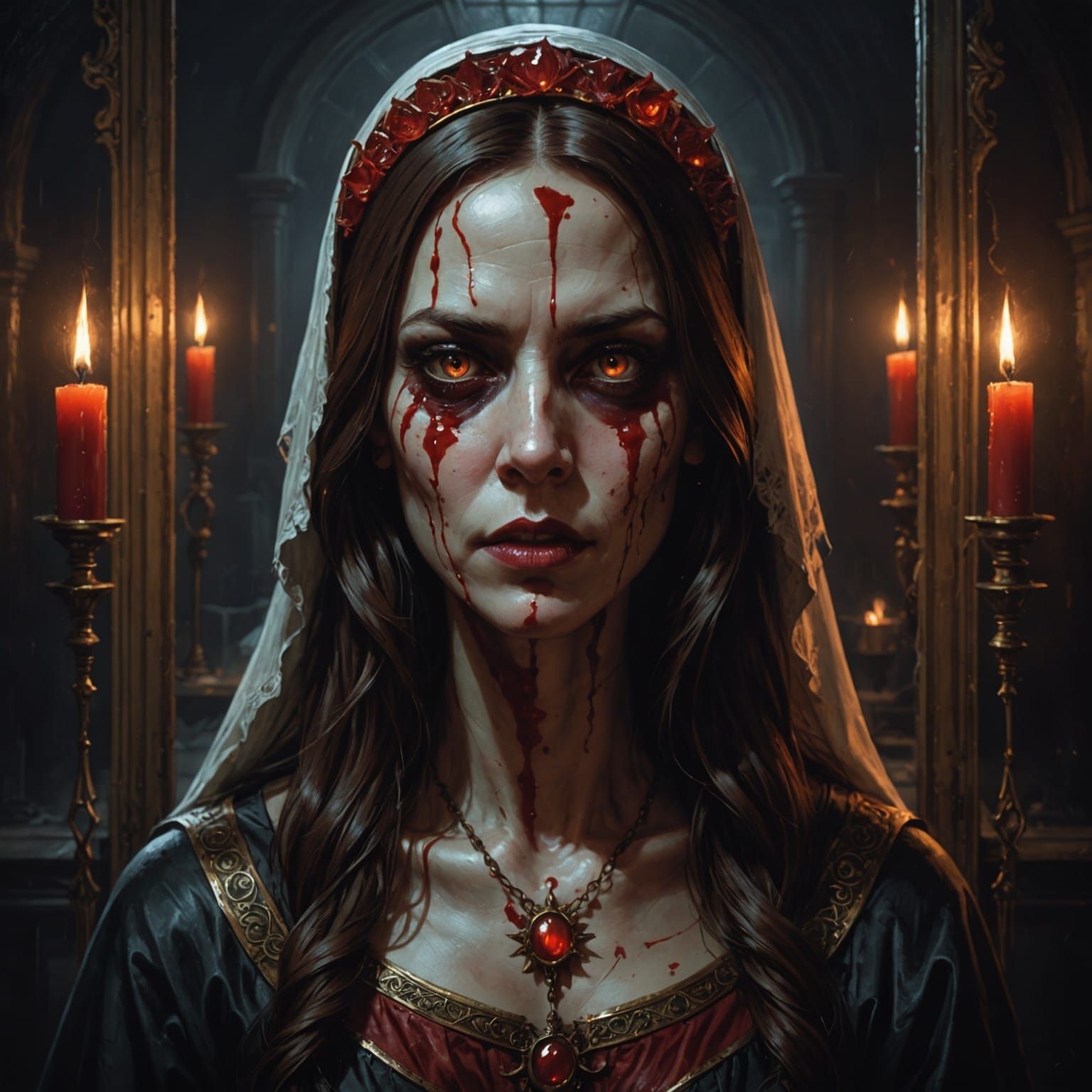 Spooky Portrait of Bloody Mary in Darkened Bathroom