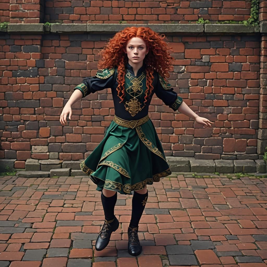 Irish dancer red curls, bricks and tiles