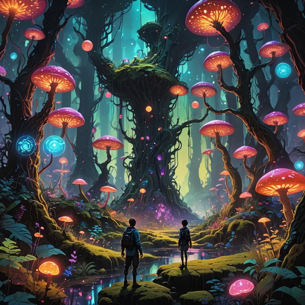 Vibrant Fantasy Figure in Mystical Forest Concept Art