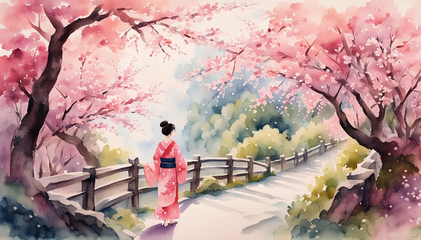 Japanese Woman in Cherry Blossom Forest, Watercolor