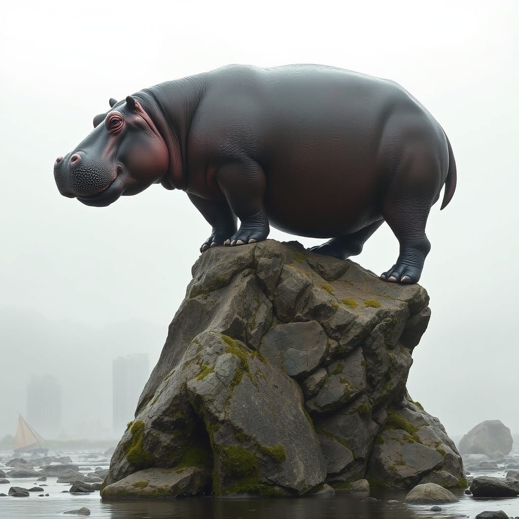 Colossal Hippo on River Rock in Misty Landscape