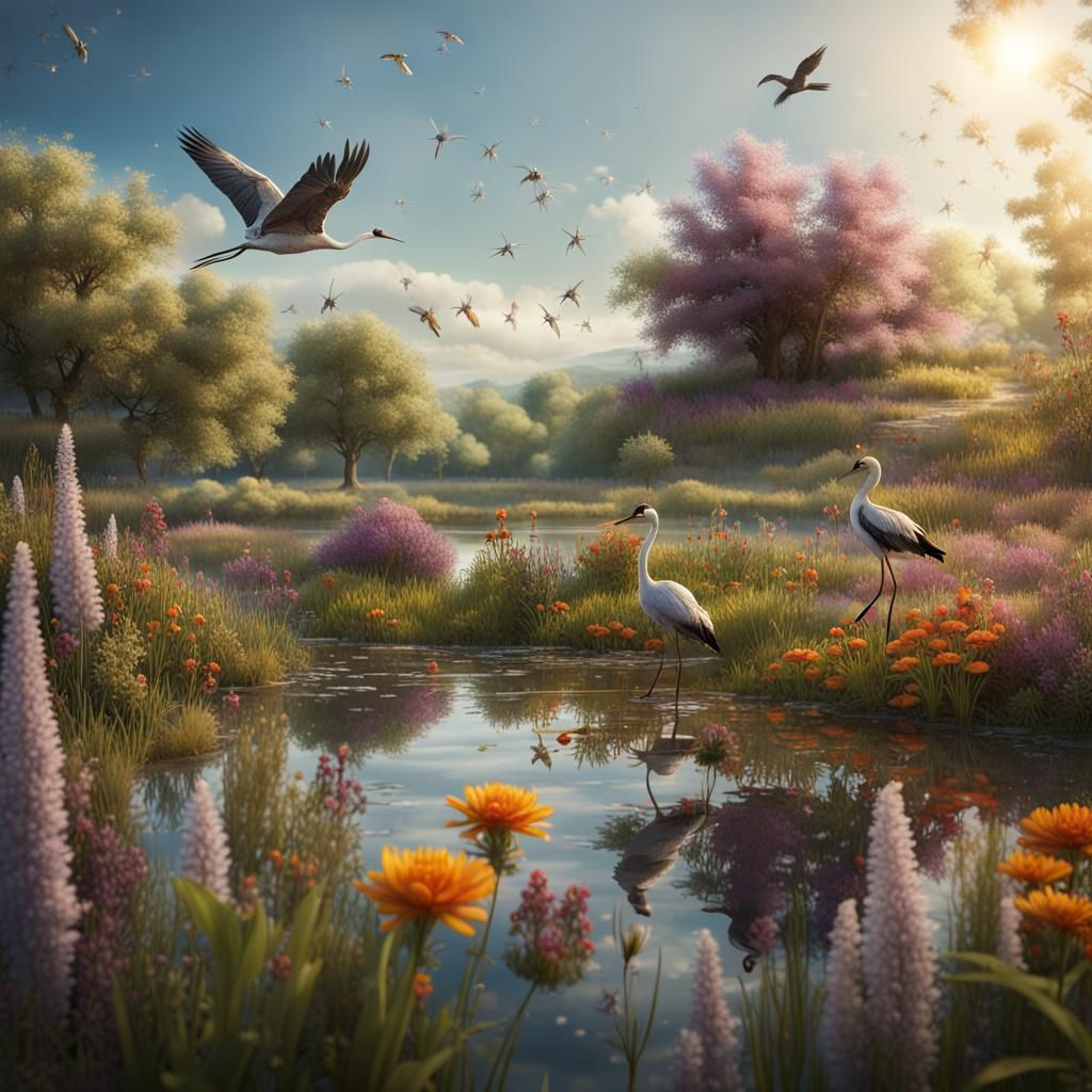 Wildflower Meadow with Birds, Fantasy Concept Art