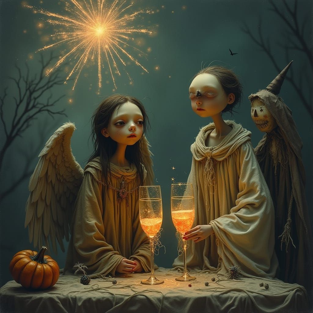 Fallen Angel's Melancholy New Year in Surreal Style