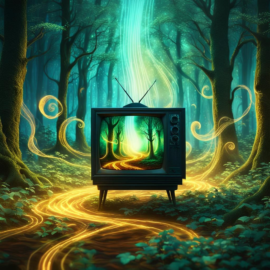 Walking Television in Mystical Forest: Digital Fantasy Art