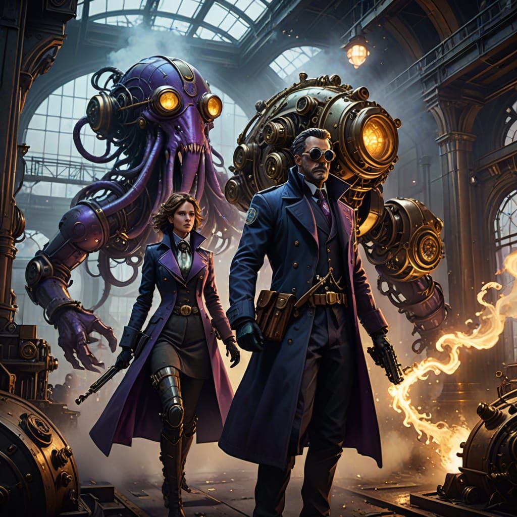 Steampunk Warriors Engage Fiendish Tentacled Beasts in Smoky...