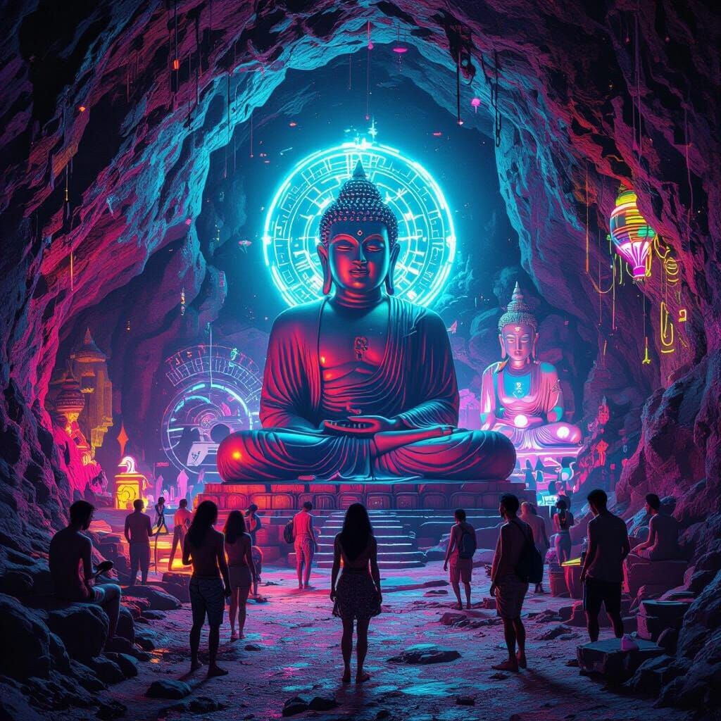 Goa Nightlife Scene with Buddha Statue in Cave