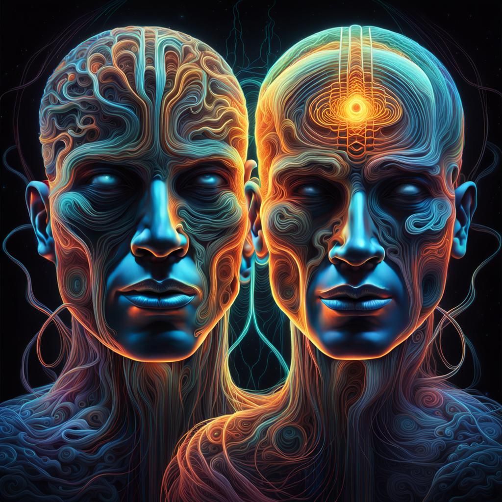 Entangled Minds: Spiraling Filaments in Neon Cosmic Glows