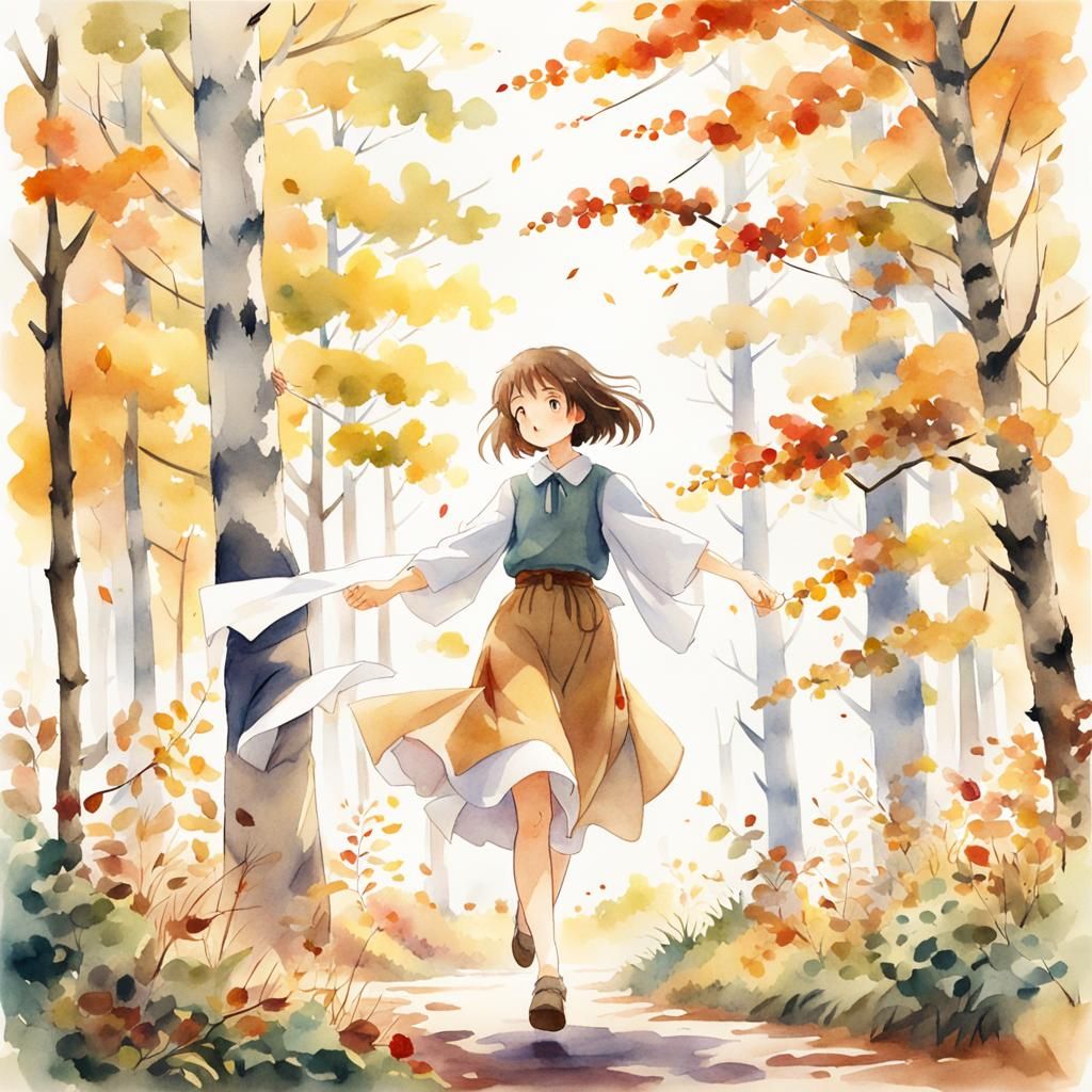 Ghibli Anime Couple Dancing in Autumn Forest