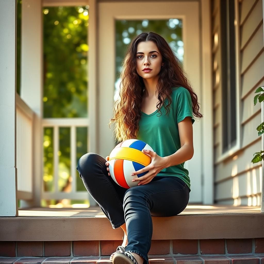 Sad Woman with Volleyball on Porch