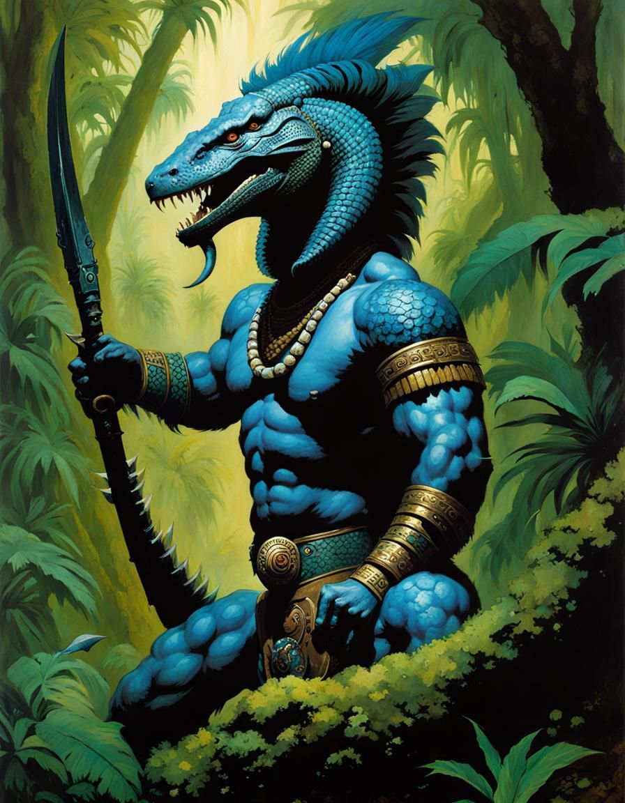 Tribal Lizardman Warrior in Ancient Jungle, Dark Fantasy
