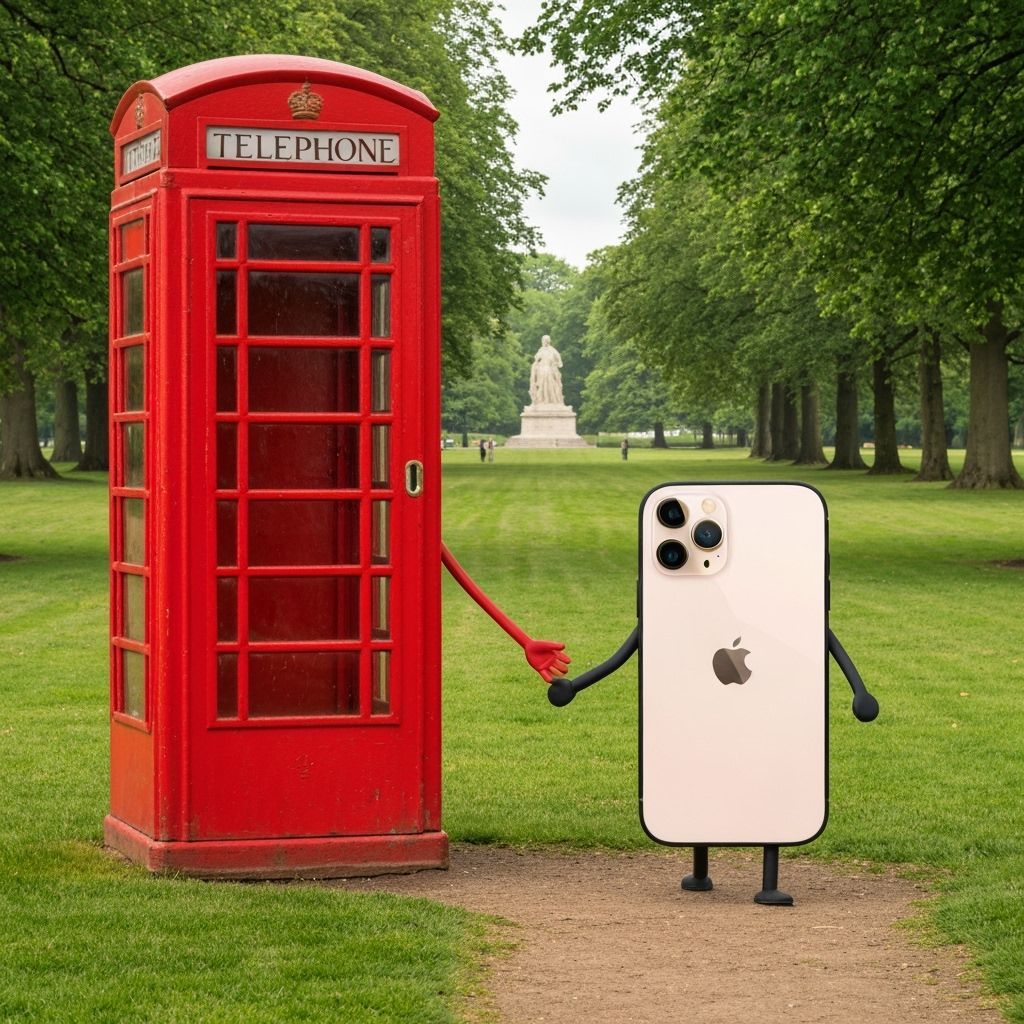 An old red phone box walking hand in hand with an iPhone 16 ...