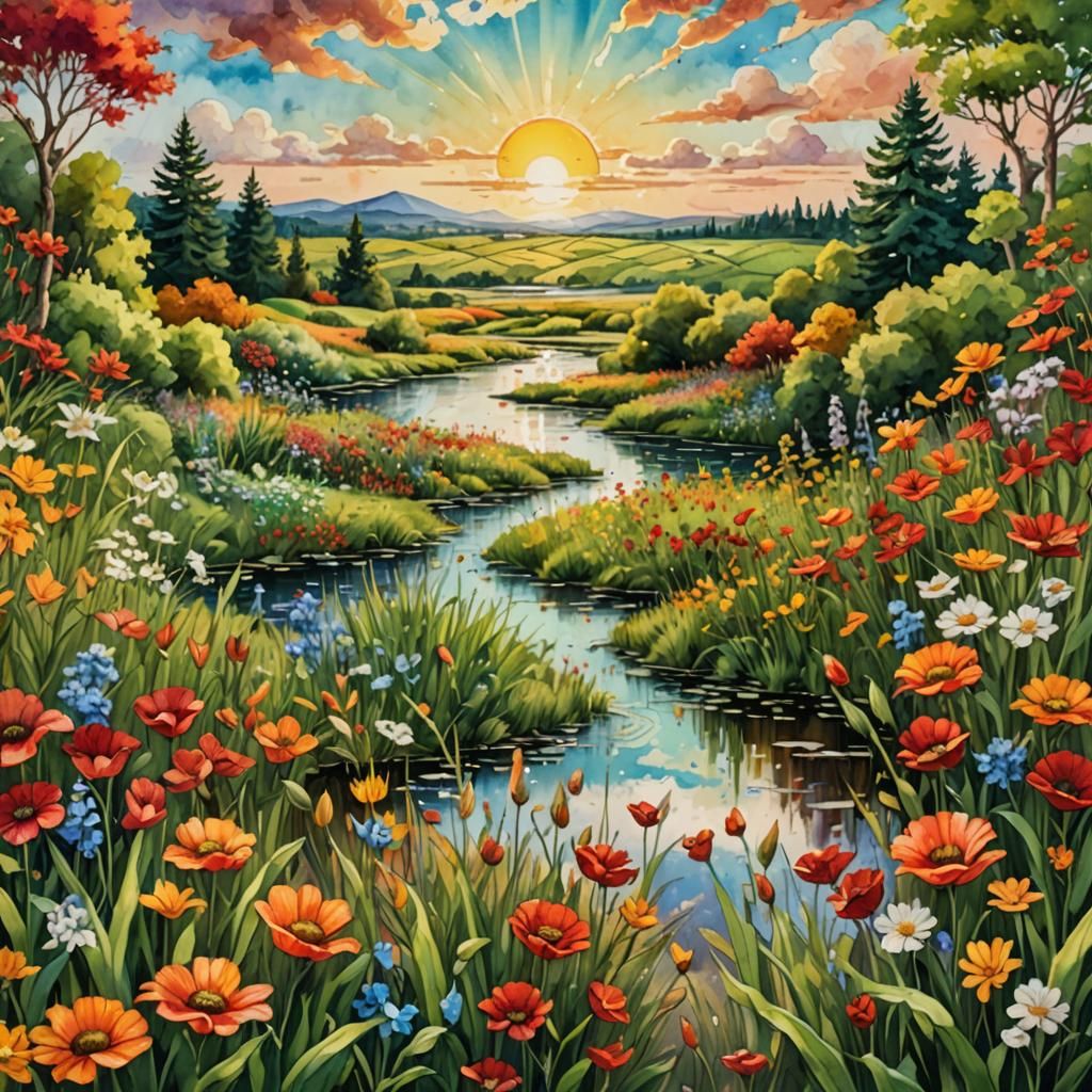 Vibrant Spring Flower Landscape in Watercolor and Oil