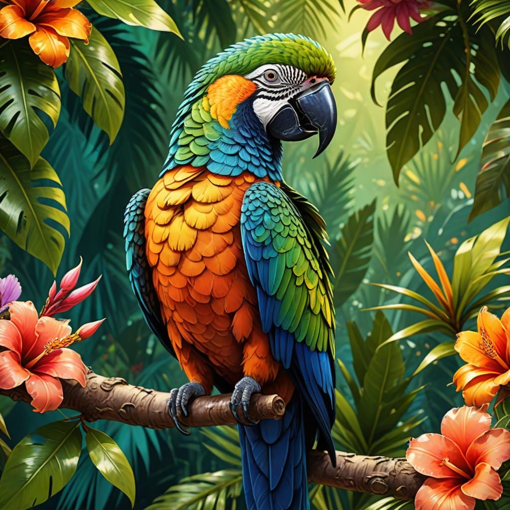 Brazilian Potoo Bird Among Exotic Flowers