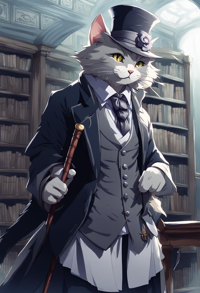 Magician Cat in Library, Anime Style