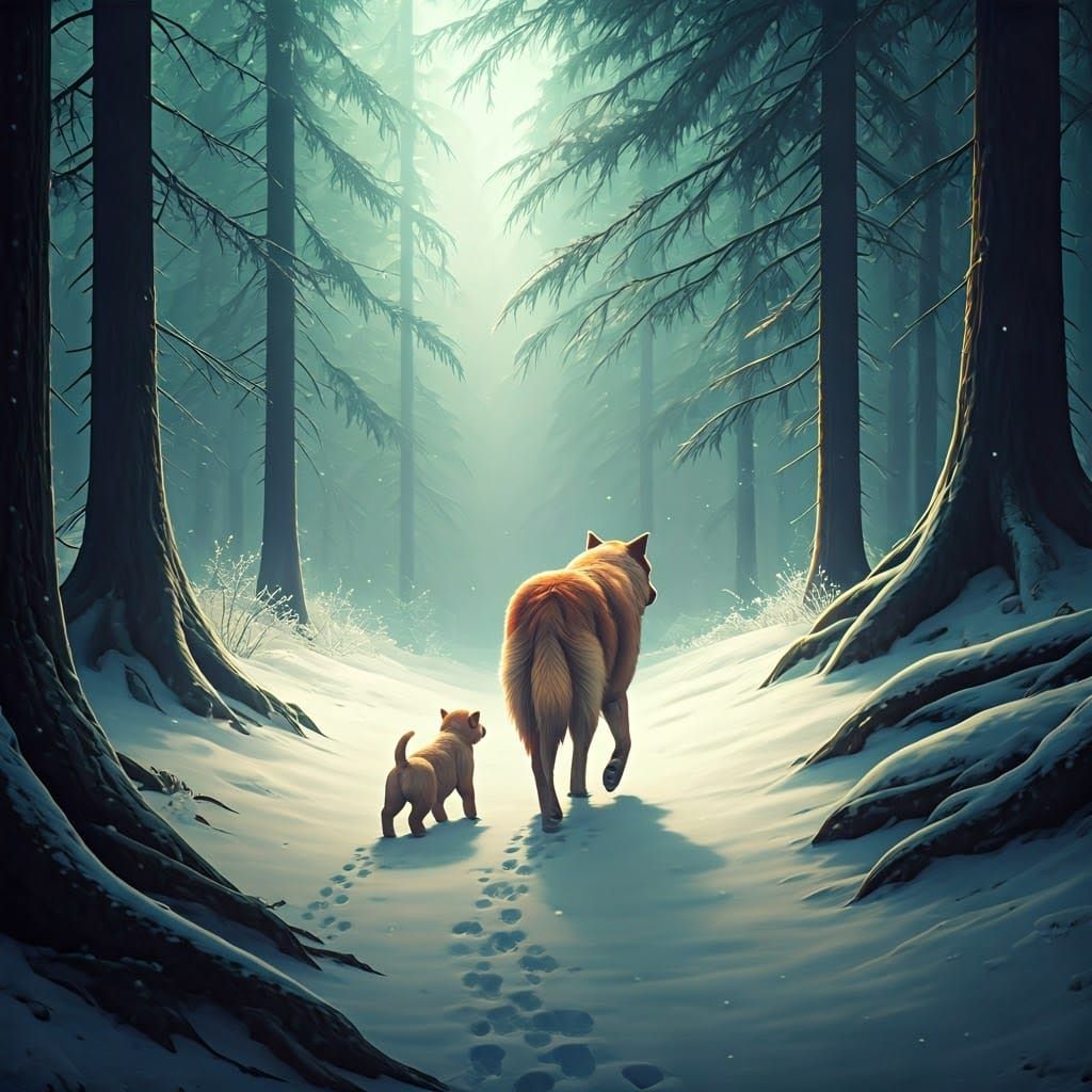 Mother Dog and Puppy in Winter Forest