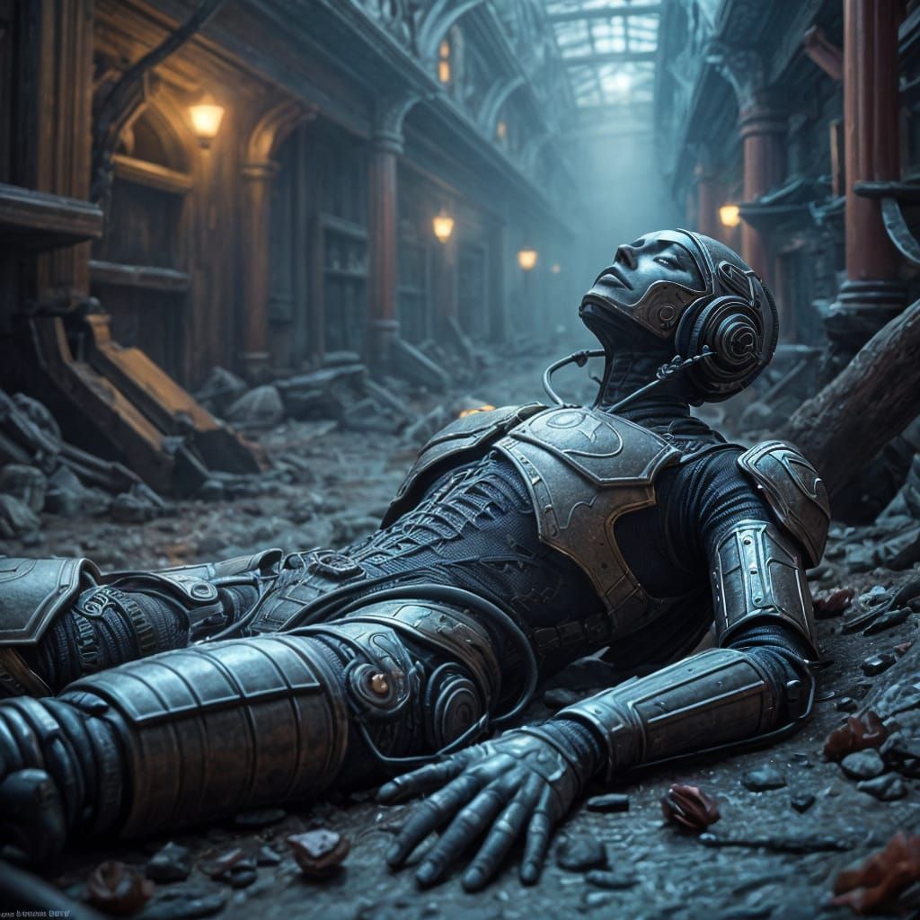 Moribund Cyborg Amidst Abandoned Machinery