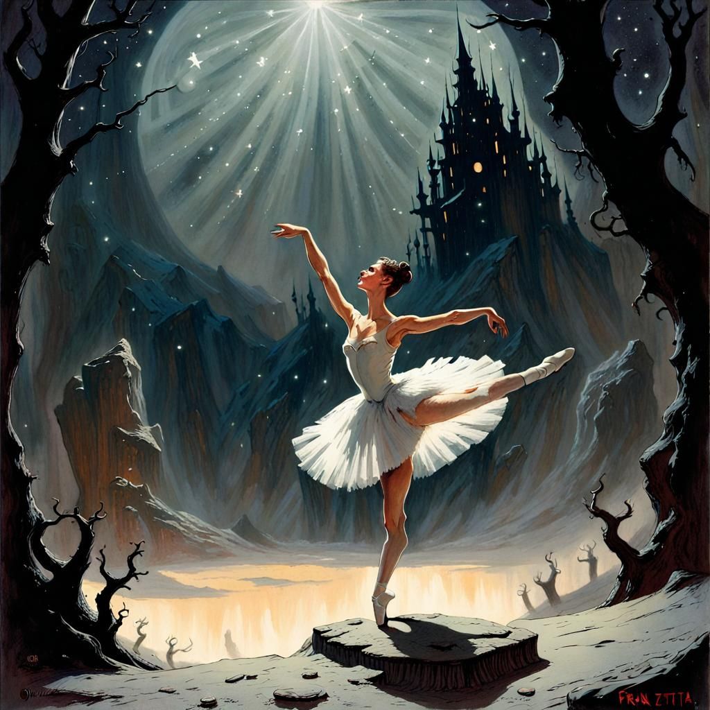 Dark Fantasy Hellscape with Ballerina in Frazetta Style
