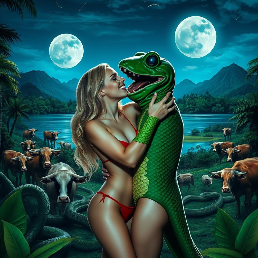 Surreal Amazonian Goddess in Red Bikini Under Full Moon