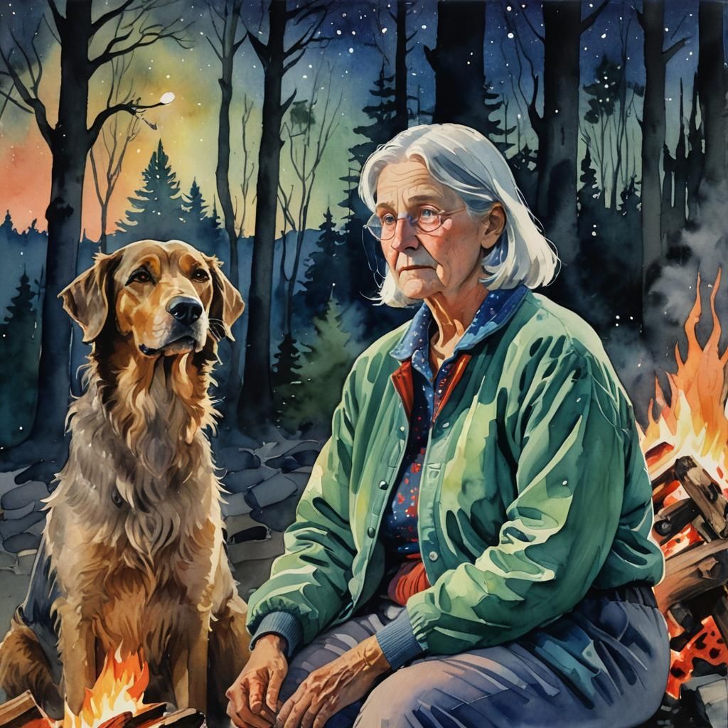 Watercolor Portrait of Woman and Dog Under Stars