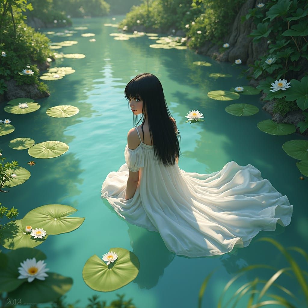 Elf Girl Floats on Lily Pad Lake: Fantasy Concept Art