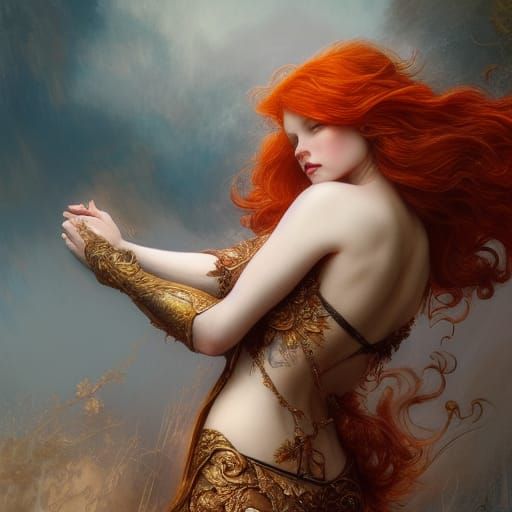 Redhead Goddess in Rococo Style with Cosmic Scene