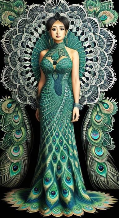 Fractal Zentangle Peacock Dress in Vibrant Mandala Art
