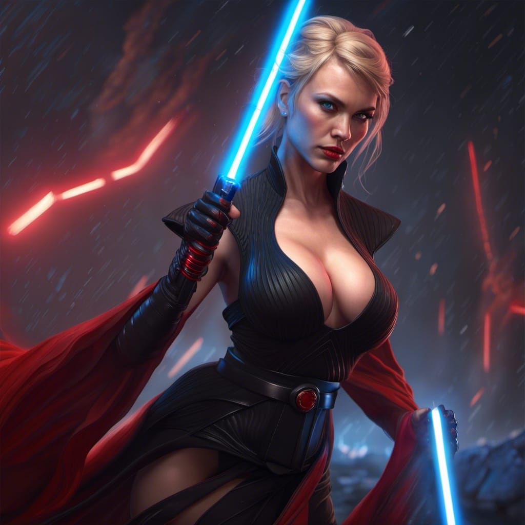 Sith Lady with Red Lightsaber in Detailed Painting