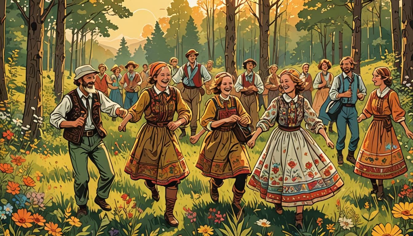 Polish Folk Dancers in Forest, Comic Book Style