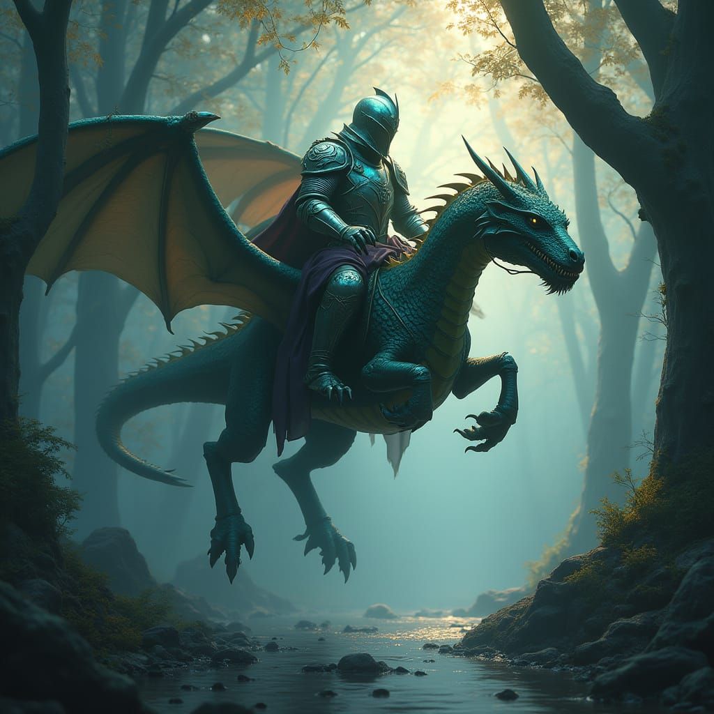 Gothic Fantasy Knight Soars on Iridescent Dragon