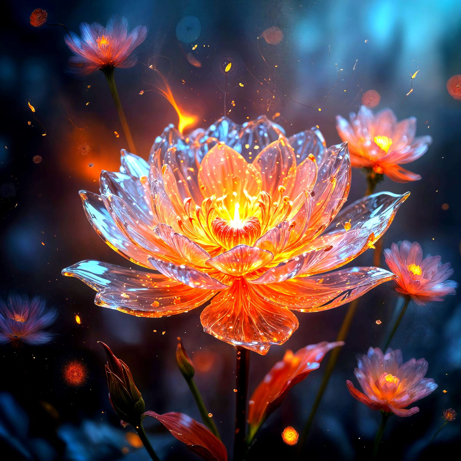 Delicate Glass Flower Blooms Amidst Fiery Flames