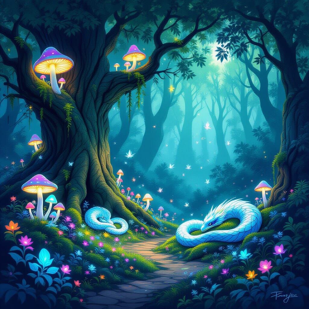 Enchanted Forest with Whimsical Creatures and Flora