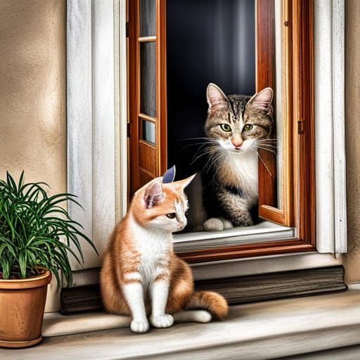 Mother and Daughter Cats in Window