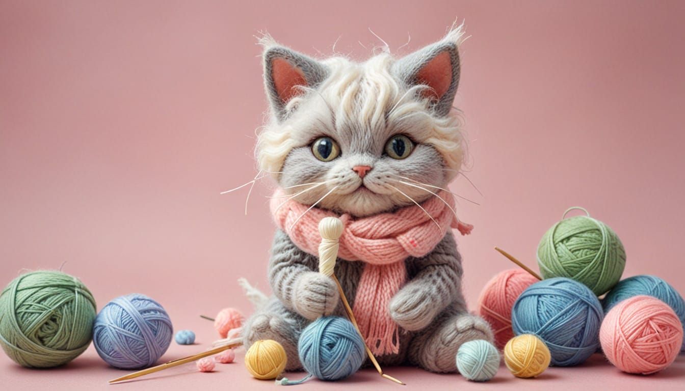 Adorable Knitting Cat in Whimsical Wonderland