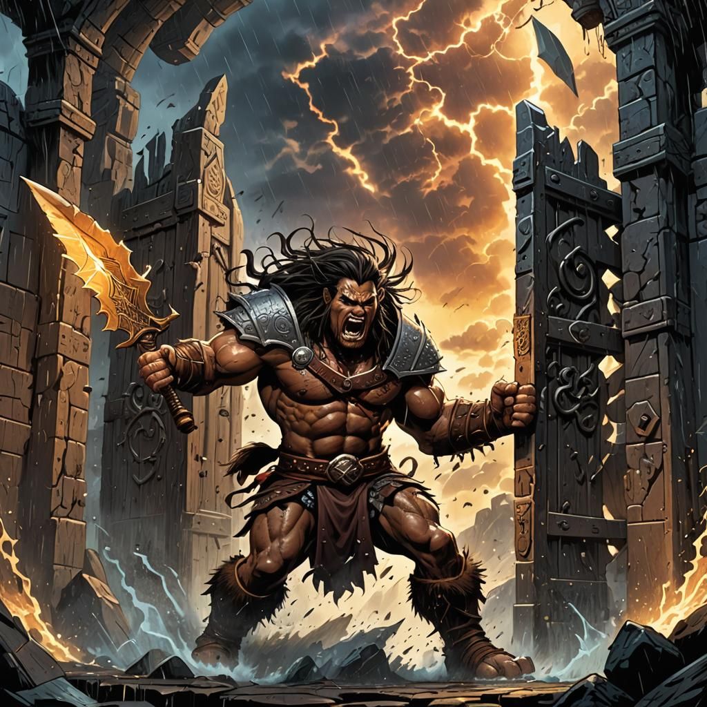 Barbarian Crashing Through Gate: Retro Fantasy Illustration