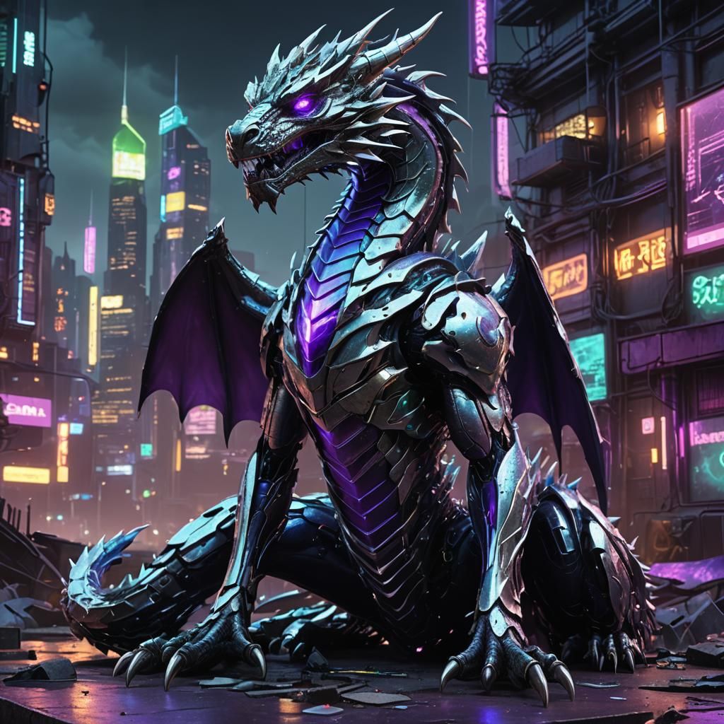 Cybernetic Dragon on Destroyed Cityscape in Cyberpunk Style