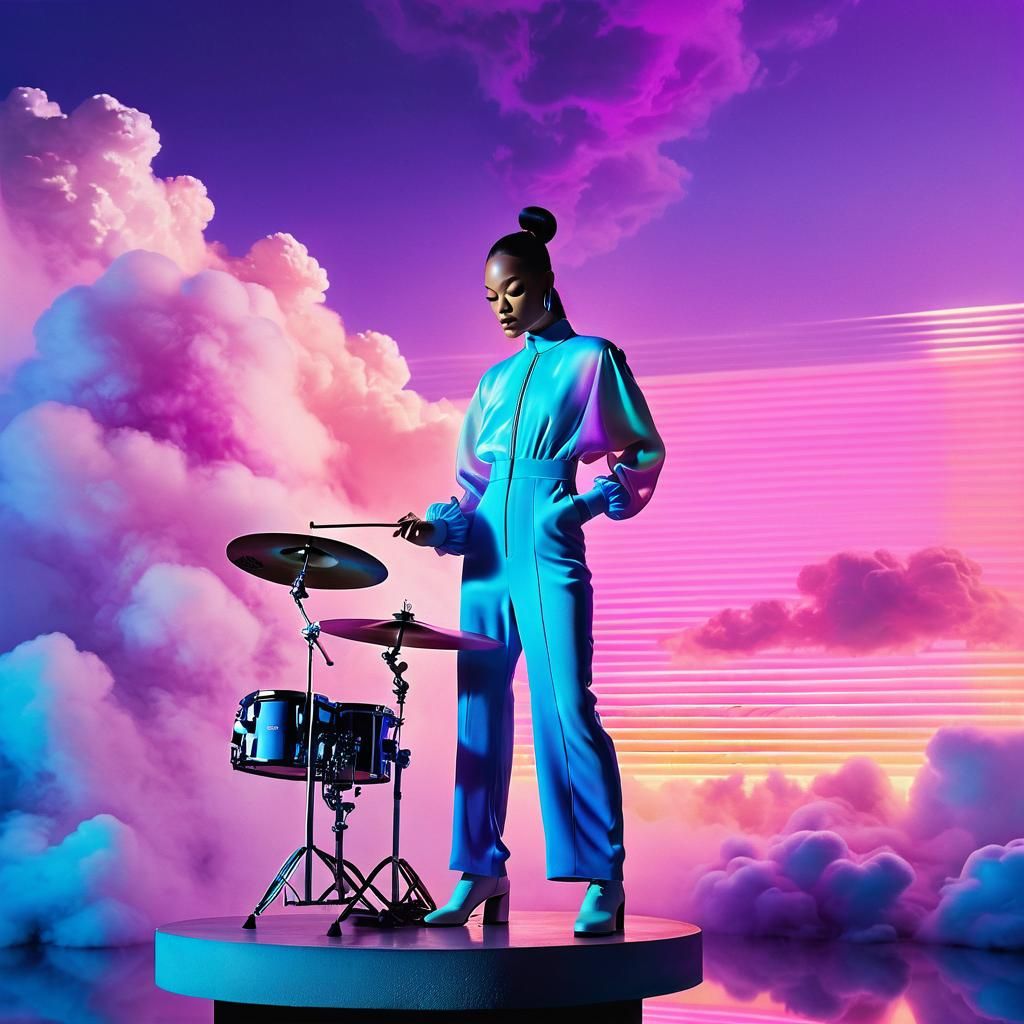 Drummer in Vaporwave Dreamscape: Photorealism in Pastel