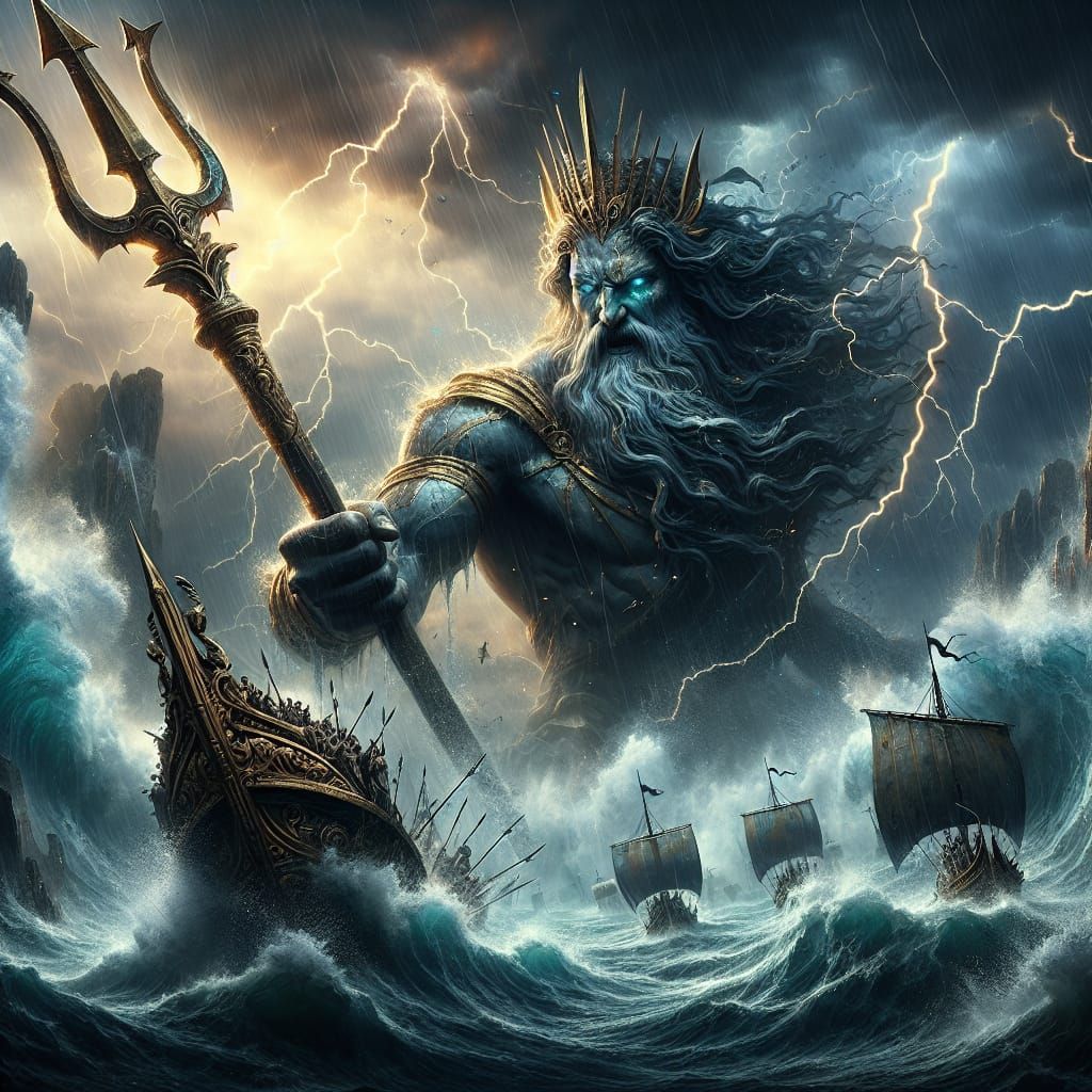 Poseidon Summons a Storm in Digital Art