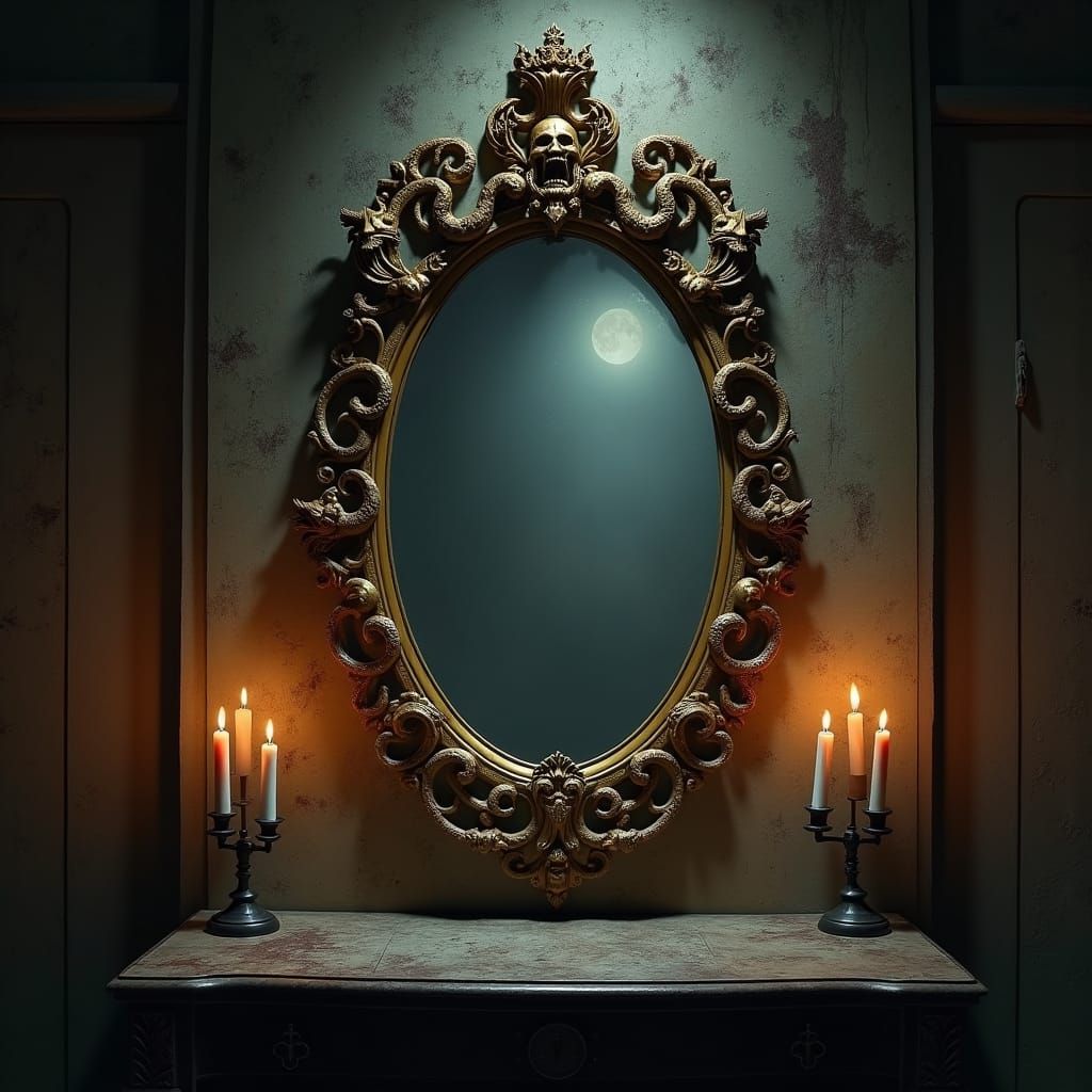 Haunted Antique Mirror with Ghostly Apparitions