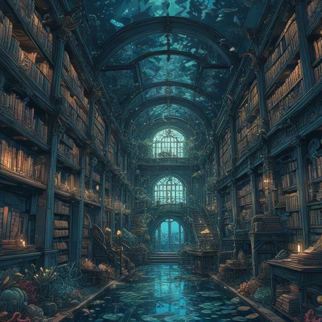 Majestic Underwater Library Unfolds from Ocean Blue Book