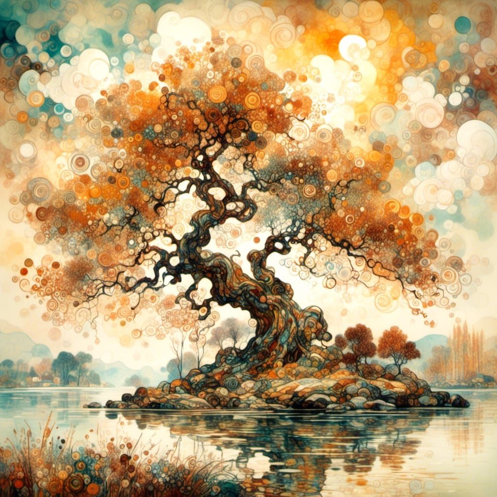 Lone Tree in Ink Painting Style