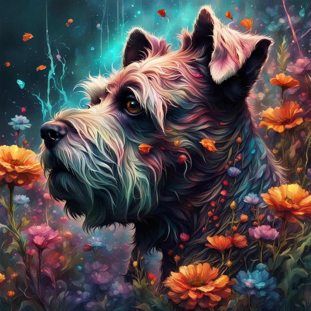 Crystal Schnauzer in Colorful Floral Fantasy Art