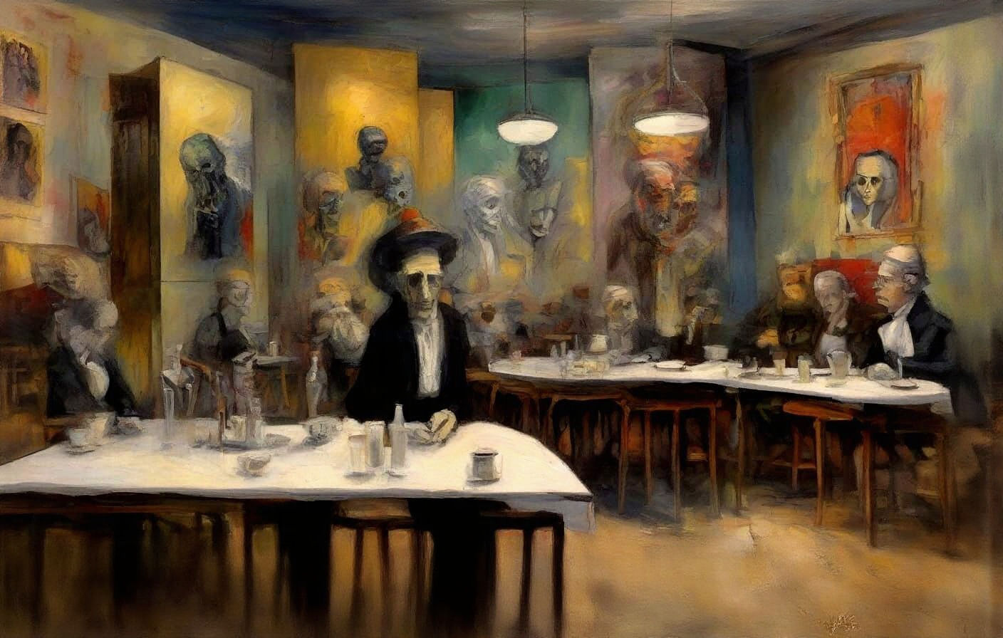 Surreal Death Cafe in Cubist Psychedelic Style