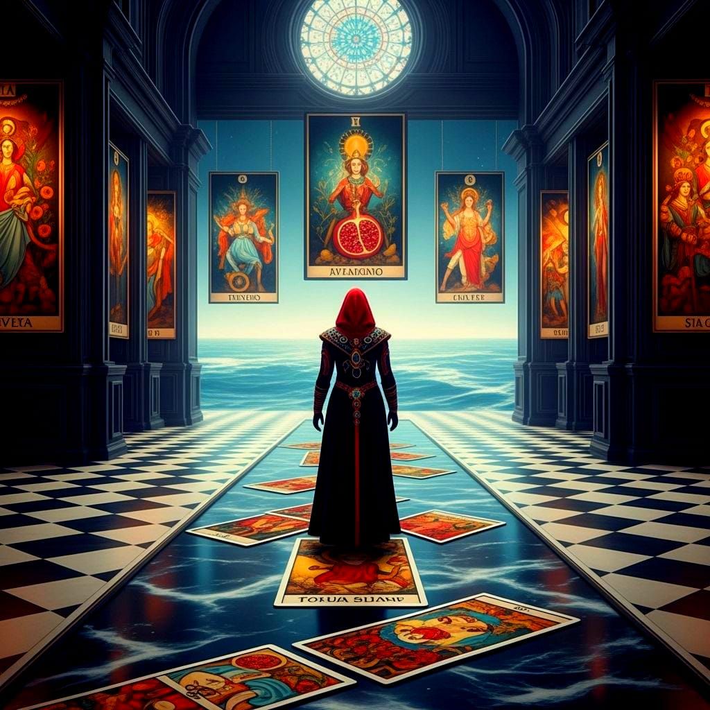 Mystical Figure in Tarot Hall with Oceanic Plane