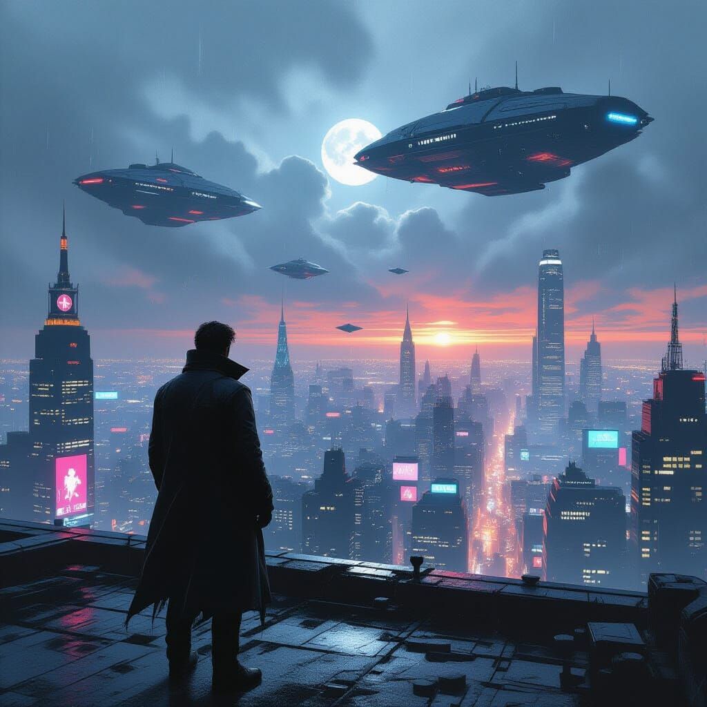 Man on Rooftop Overlooking Neon City with Spaceships