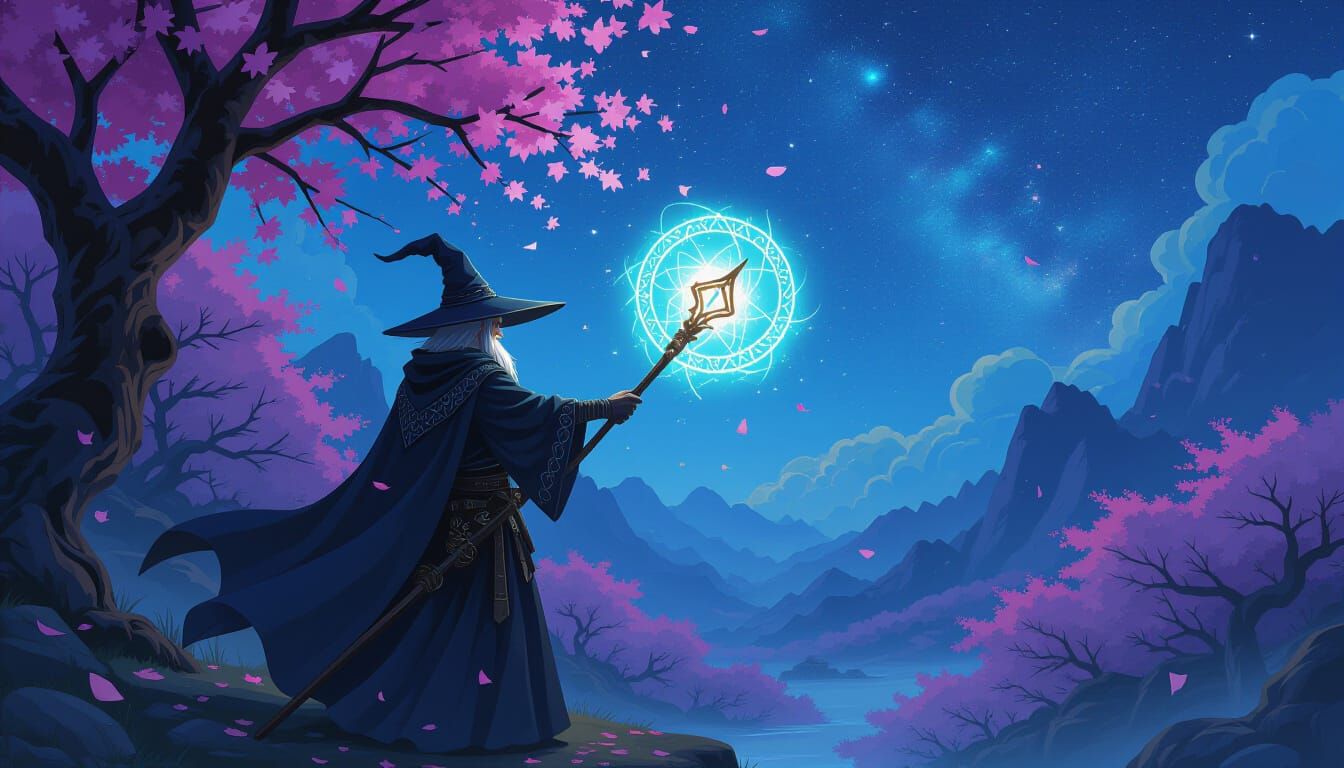 Punk Fantasy Wizard Illuminates Dreamlike Landscape